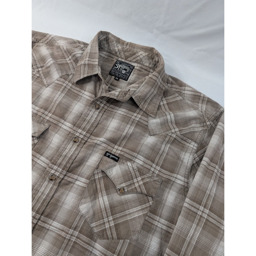 Southern Thread Western Shirt Mens XL Plaid Brown  Pearl Snap Pockets Western